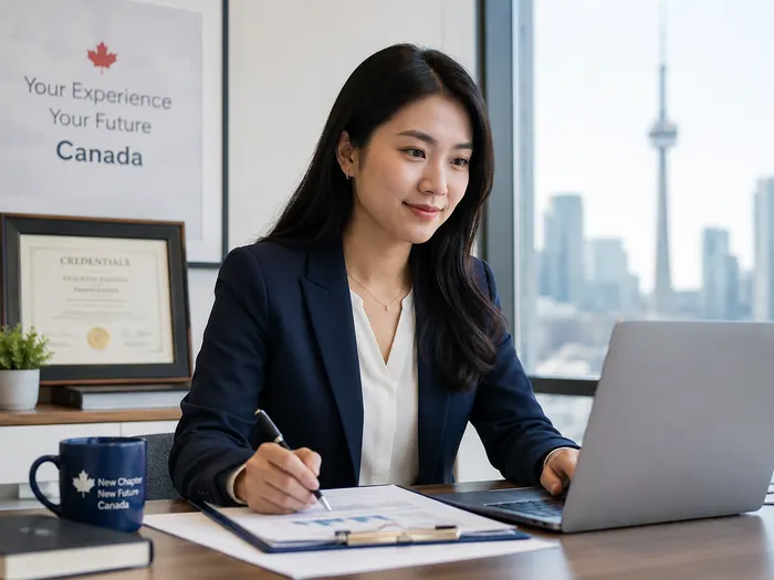 Career advisor helping a newcomer position experience for the Canadian job market