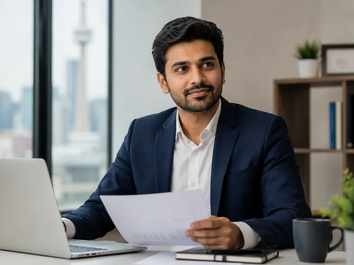 Newcomer professional reviewing documents and translating experience for the Canadian market